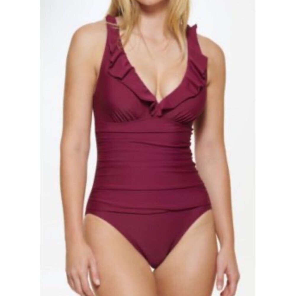 DKNY Women's Sz 6 Swimsuit One Piece Ruffle Plunge V-Neck Burgundy Classic Boho